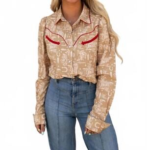NEW HOWDY HANNY prairie rodeo snap blouse in beige